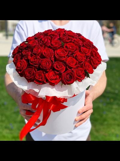 51 красная роза в шляпной коробке