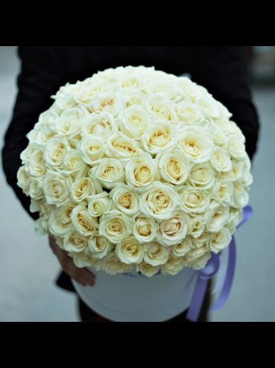 101 белая роза в шляпной коробке