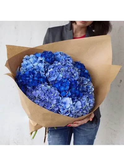 11 синих гортензий в крафте