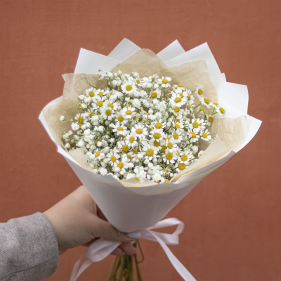 Букет из гипсофилы и ромашек