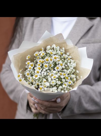 Букет из гипсофилы и ромашек
